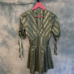 fashion nova romper • sage greens with satin strips • puffed sleeves with ties